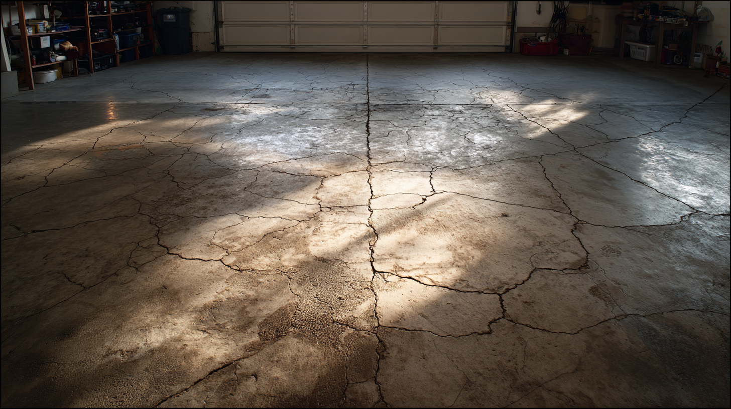 Damaged garage floor before epoxy